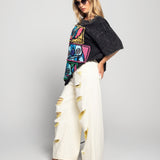 Calça Ti.Amo Wide Leg De Ganga Com Rasgos