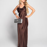 Vestido Glamour Acetinado Com Rosa Aplicada