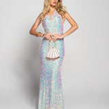 Long Satin Sequin Bow Dress