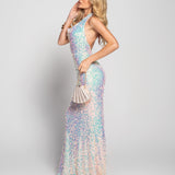 Long Satin Sequin Bow Dress