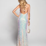 Long Satin Sequin Bow Dress