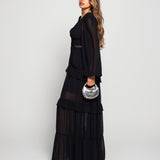 Vestido Longo Bordado Perfurado Decote Em Bico