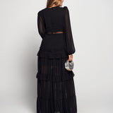 Vestido Longo Bordado Perfurado Decote Em Bico