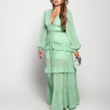 Vestido Longo Bordado Perfurado Decote Em Bico