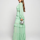 Vestido Longo Bordado Perfurado Decote Em Bico