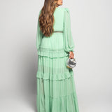 Vestido Longo Bordado Perfurado Decote Em Bico