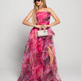 Vestido Longo Glamour Estampado Tie Dye Decote Drapeado
