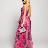 Vestido Longo Glamour Estampado Tie Dye Decote Drapeado