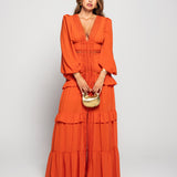 Vestido Longo Bordado Perfurado Decote Em Bico