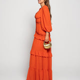 Vestido Longo Bordado Perfurado Decote Em Bico