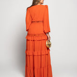 Vestido Longo Bordado Perfurado Decote Em Bico