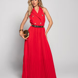 Vestido Cruzado Plissado Cinto Dourado