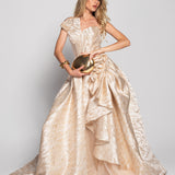 Vestido Longo Tecido Jacquard Drapeado No Decote Volume