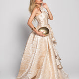 Vestido Longo Tecido Jacquard Drapeado No Decote Volume