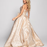 Vestido Longo Tecido Jacquard Drapeado No Decote Volume