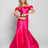 Vestido Longo Glamour Off Shoulder Rosas 3D