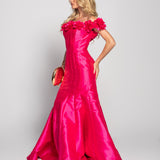Vestido Longo Glamour Off Shoulder Rosas 3D