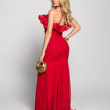 Vestido Longo Drapeado Folhos Volumosos
