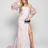 Vestido Glamour Longo Jacquard Mangas Balão