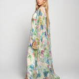 Vestido Longo Glamour Estampado Floral Mangas Assimétricas Com Folho