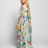 Vestido Longo Glamour Estampado Floral Mangas Assimétricas Com Folho