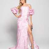 Vestido Glamour Longo Jacquard Mangas Balão