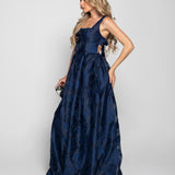 Vestido Longo Glamour Jacquard Com Pregas