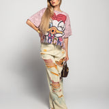 Calça De Ganga Ti.Amo Wide Leg Rasgos Coloridos