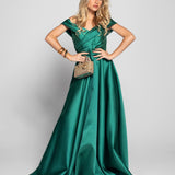 Glamour Long Dress with V-Neckline and Pleated Effect