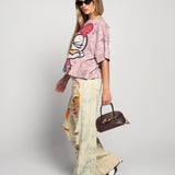 Calça De Ganga Ti.Amo Wide Leg Rasgos Coloridos