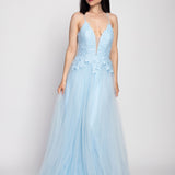 Long Embroidered Tulle Glitter Dress
