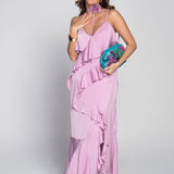 Robe en satin à volants et bretelles