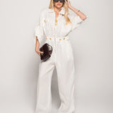 Jumpsuit Efeito Linho Com Detalhes Dourados