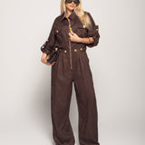 Jumpsuit Efeito Linho Com Detalhes Dourados