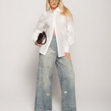 Calça Ti.Amo De Ganga Wide Leg Com Pérolas Aplicadas