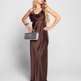 Vestido Glamour Acetinado Com Rosa Aplicada