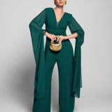Jumpsuit Longo Faixa Drapeada Mangas Longas Com Aberturas