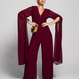 Jumpsuit Longo Faixa Drapeada Mangas Longas Com Aberturas