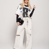 Calça Ti.Amo De Ganga Wide Leg Off White Com Rasgos