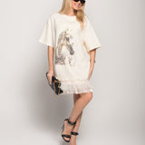 Vestido/T-Shirt Estampada Com Tule
