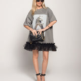 Vestido/T-Shirt Estampada Com Tule