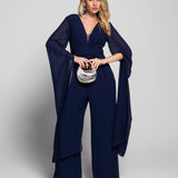 Jumpsuit Longo Faixa Drapeada Mangas Longas Com Aberturas