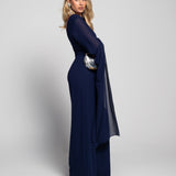 Jumpsuit Longo Faixa Drapeada Mangas Longas Com Aberturas