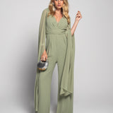 Jumpsuit Longo Faixa Drapeada Mangas Longas Com Aberturas