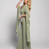 Jumpsuit Longo Faixa Drapeada Mangas Longas Com Aberturas