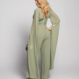 Jumpsuit Longo Faixa Drapeada Mangas Longas Com Aberturas