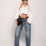 Calça De Ganga Wide Leg Bolso Strass & Rasgos