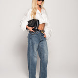 Calça De Ganga Wide Leg Bolso Strass & Rasgos