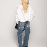 Calça De Ganga Wide Leg Bolso Strass & Rasgos