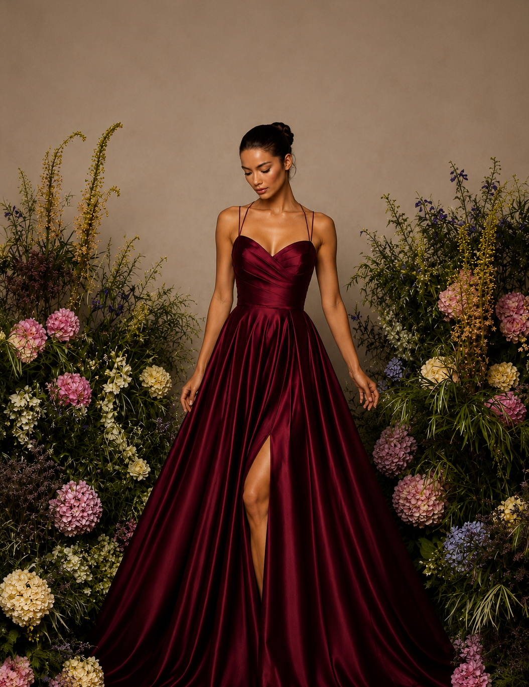 Vestido Longo Efeito Folhos Abertura Lateral